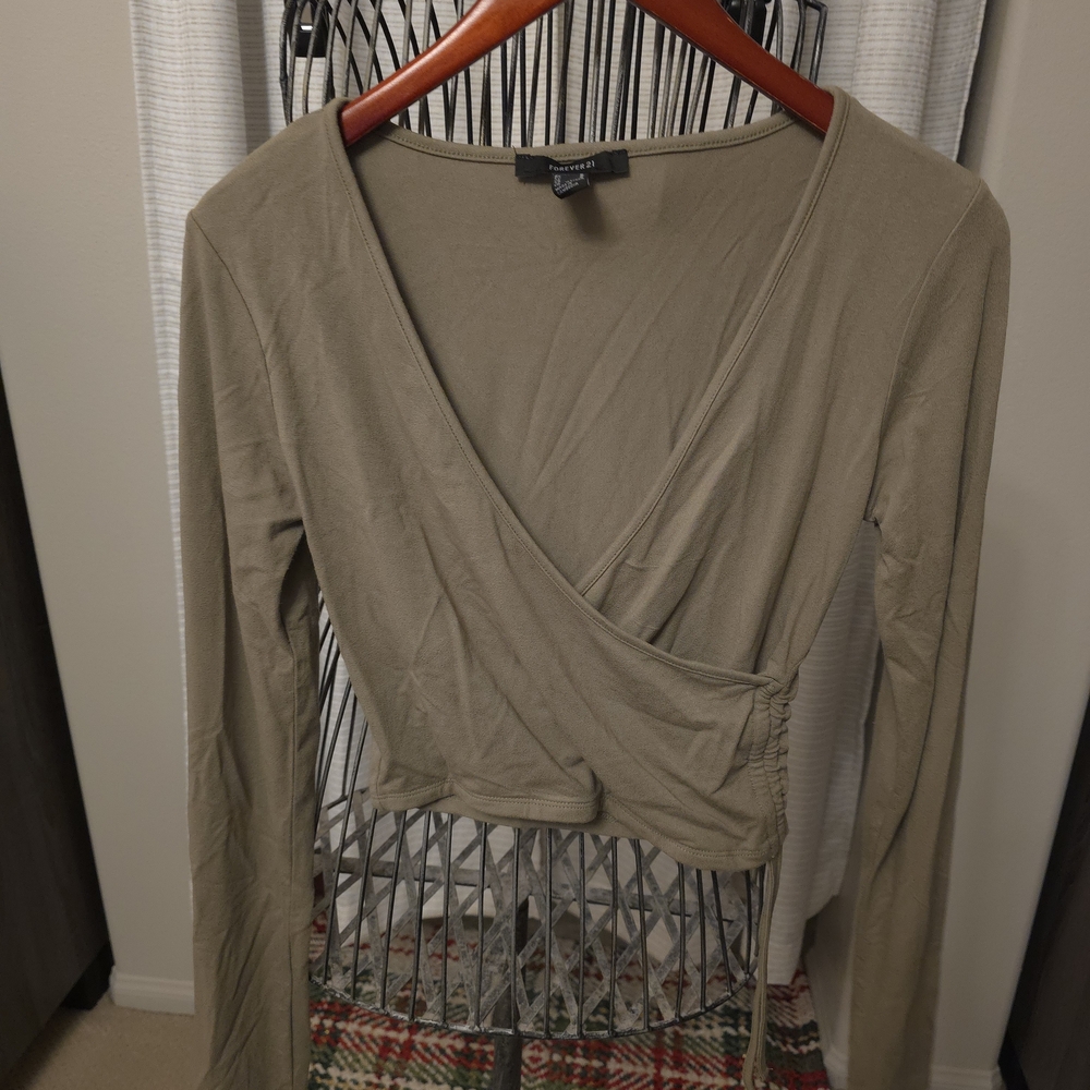 Forever 21 Khaki Long Sleeve Wrap Top